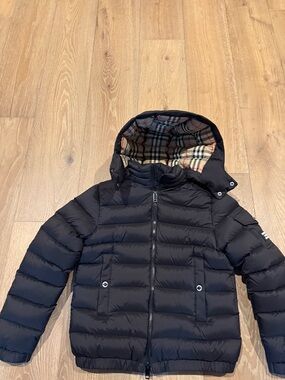 Burberry Kids Black Puffer Jacket with Signature Check Hood